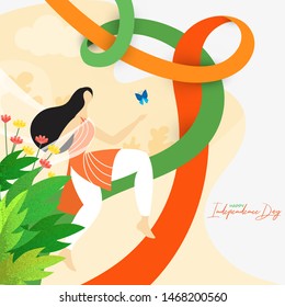 Indian woman running with butterfly on nature view background for Happy Independence Day celebration concept. Can be used as poster or template design.