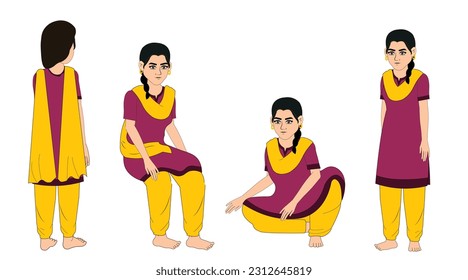 Indian woman with Salwar suit cartoon character set , Indian Young Female Character for Cartoon , Indian poor girl character vector , Indian Woman character