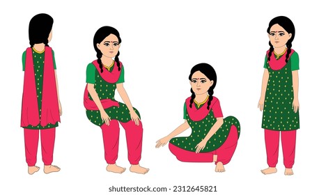 Indian woman with Salwar suit cartoon character set , Indian Young Female Character for Cartoon , Indian poor girl character vector , Indian Woman character