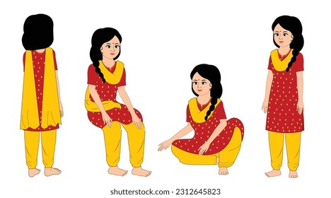 Indian woman with Salwar suit cartoon character set , Indian Young Female Character for Cartoon , Indian poor girl character vector , Indian Woman character