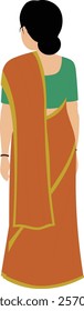 Indian woman in saree back view. young traditional wife with bangles. Brown adult woman wearing saree standing on flat floor. full length female character in saree and blouse.