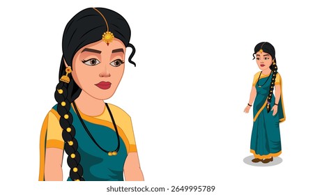 Indian Woman in Saree Cartoon Illustration