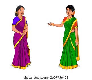 Indian Woman in Saree Vector, Cartoon Indian Women Talking Scene Illustration, green, purple saree, Indian Woman Character Vector