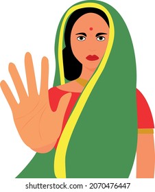 indian woman in sari say no. vector illustration.