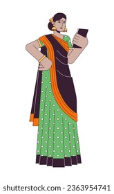 Indian woman in sari using gadget flat line color vector character. Editable outline full body person on white. Online buying ticket simple cartoon spot illustration for web graphic design