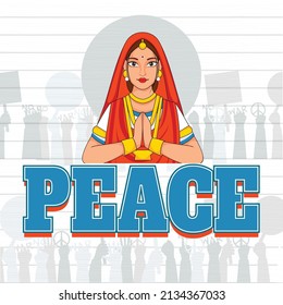 Indian Woman Saying Keep Peace In Namaste Pose And International Protest Hands On White Stripe Background For Stop The War.
