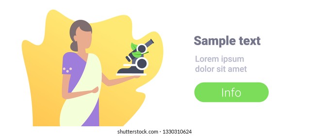 Indian Woman Scientist Holding Microscope Chemistry Teacher School Worker Lady In Traditional Clothes Saree Female Cartoon Character Portrait Flat Copy Space Horizontal