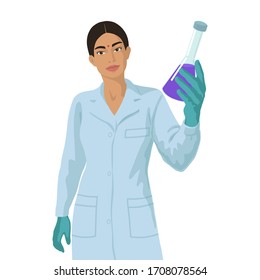 Indian Woman Scientist With A Sample Of Liquid. Process Of Vaccine Research. Flat Hand Drawn Illustration On White Background.