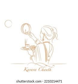 indian woman seeing moon through sieve during Karva Chauth celebration vector illustration