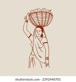 Indian woman selling vegetables vector, hand-drawn illustration.