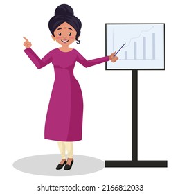 Indian Woman Is Showing Graph On A Screen. Vector Graphic Illustration. Individually On A White Background.	