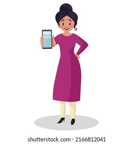 Indian woman is showing phone. Vector graphic illustration. Individually on a white background.	