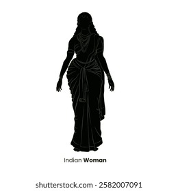 An Indian woman silhouette, A vector illustration of tall lady, 30-35 year old woman walking illustration