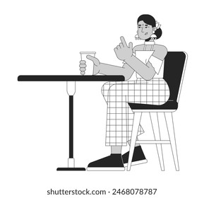 Indian woman sitting at cafe table black and white 2D line cartoon character. South asian female visiting coffee shop isolated vector outline person. Relaxation monochromatic flat spot illustration