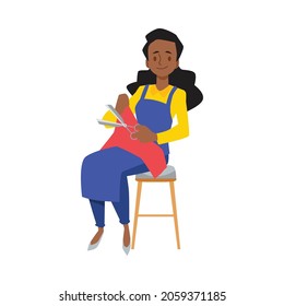 Indian woman sitting on the chair cutting fabric with scissors, isolated on white background. Dark skinned female sewing fabric, seamstress cartoon character. Vector illustration of sew.