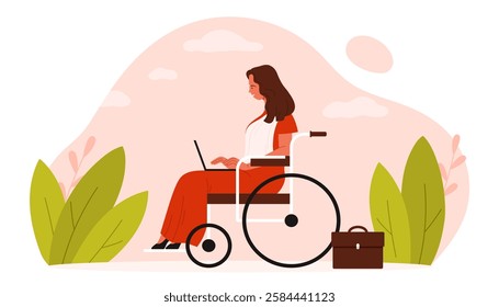 Indian woman sitting in wheelchair with laptop, disability and freelance in India. Young businesswoman in traditional red dress working online, college student training cartoon vector illustration