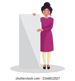 Indian woman is standing with banner. Vector graphic illustration. Individually on a white background.	