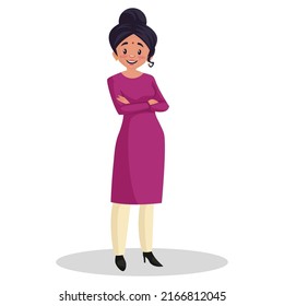 Indian woman is standing with crossed arms. Vector graphic illustration. Individually on a white background.	