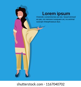 indian woman standing in national traditional clothes female cartoon character full length flat copy space vector illustration