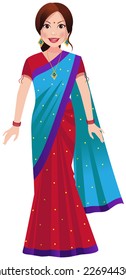 Indian Woman Standing In A Traditional Half And Half Saree