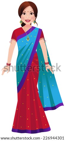 Indian woman standing in a traditional half and half saree