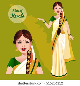 Indian woman from the state of Kerala in traditional saree. State map of Kerala in the background.