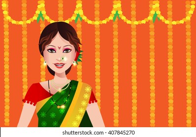 Indian woman from state of Maharashtra in a saree standing in front of a festive Maharashtrian background