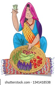 An Indian Woman Street Vendor Offers Fruits And Vegetables. Cartoon. Caricature.