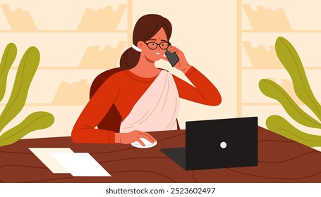 Indian woman talking on mobile phone while using laptop. Young businesswoman working in office, beautiful girl with glasses and traditional dress sitting at table to work cartoon vector illustration