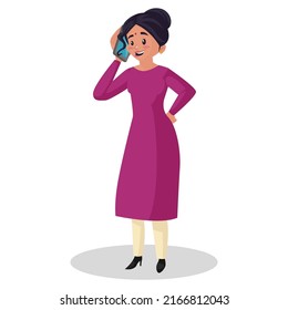 Indian woman is talking on phone. Vector graphic illustration. Individually on a white background.	