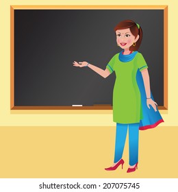 Indian woman teacher in front of a blackboard. This is an EPS 10 vector with neatly named layers. Similar images in my portfolio