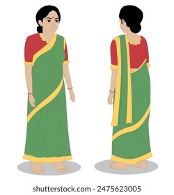 indian woman three quarter front and back view cartoon character design