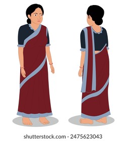 indian woman three quarter front and back view cartoon character design