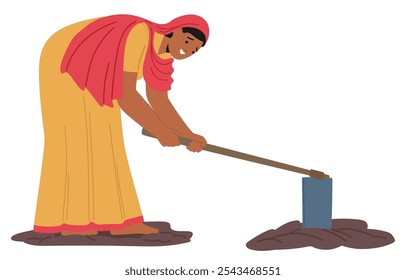 Mujer India Con Vestimenta Tradicional Se Agacha Hasta El Suelo Con Una Herramienta De Mano, Simbolizando Trabajo Duro, Vida Rural Y Dedicación En La Agricultura. Su Actividad Destaca La Agricultura De Subsistencia