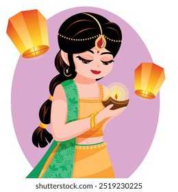 Mujer india en atuendo tradicional sosteniendo Diya con linternas flotantes - Ilustración de personaje de Diwali