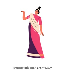 Indian woman in traditional bright sari dancing and celebrating holiday