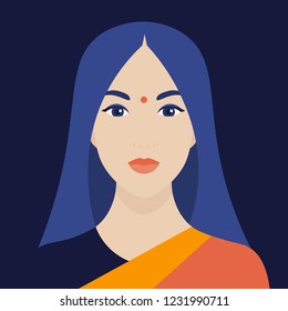 Indian woman in traditional dress. Portrait of a beautiful girl. Avatar. Face. Vector flat illustration.