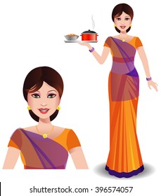 Indian woman in traditional saree bringing delicious food and sweets