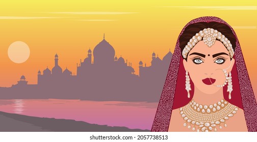 An Indian woman in a traditional saree.Panoramic view of the Taj Mahal during sunset.Vector illustration in a flat style