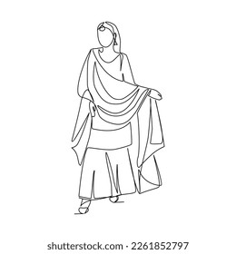 Indian woman vector illusration drawn in line art style
