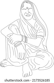 Indian Woman Vector, Indian Village Old Woman Sketch Drawing, Silhouette Illustration Of Village Traditional Women, Indian Culture And Tradition Line Art Vector
