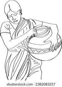 Indian Woman with Water Pot on Her Head - Cartoon Illustration of Traditional Heritage, Cartoon Drawing of Indian Water Pot Carrier Women - Cultural Heritage Art