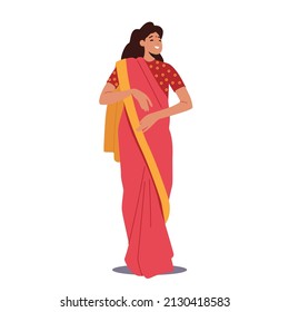 Indian Woman Wear Red sari Dress, Female Character in Traditional Clothes Isolated on White Background. Young Smiling Girl Full Height, Fashion Tradition of India. Cartoon People Vector Illustration