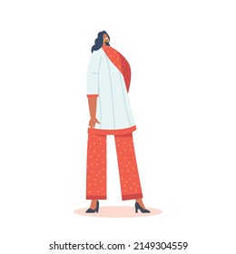 Indian Woman Wear Red Suit with Trousers and Long Blouse with Scarf, Female Character in Traditional Clothes. Isolated Girl Full Height, Fashion Tradition of India. Cartoon People Vector Illustration
