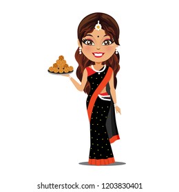 An Indian Woman Wearing A Black Saree And Holding A Plate Of Ladoos (sweet Balls) Is Celebrating The Festival Of Makar Sankranti