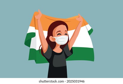 Indian Woman Wearing Face Mask Holding the Flag. Hope after humanitarian crisis during coronavirus pandemic concept illustration
