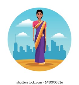 indian indian woman wearing hindu clothes on desertscape round icon scenery cartoon vector illustration graphic design