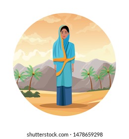 indian indian woman wearing hindu clothes on desertscape round icon scenery cartoon vector illustration graphic design