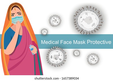 Indian woman wearing medical face mask for protection and Coronavirus Cell vector COVID-19 or Coronavirus Pandemic concept