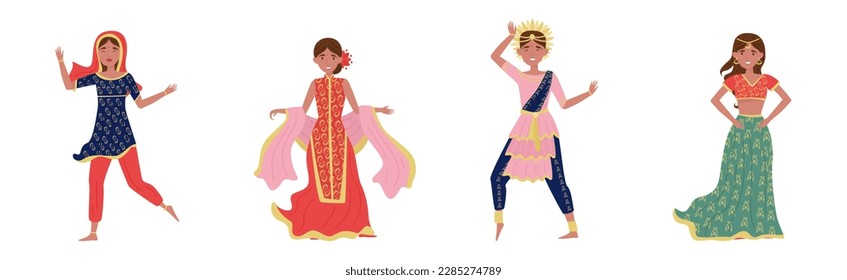 Indian Woman Wearing National Clothes Vector Set